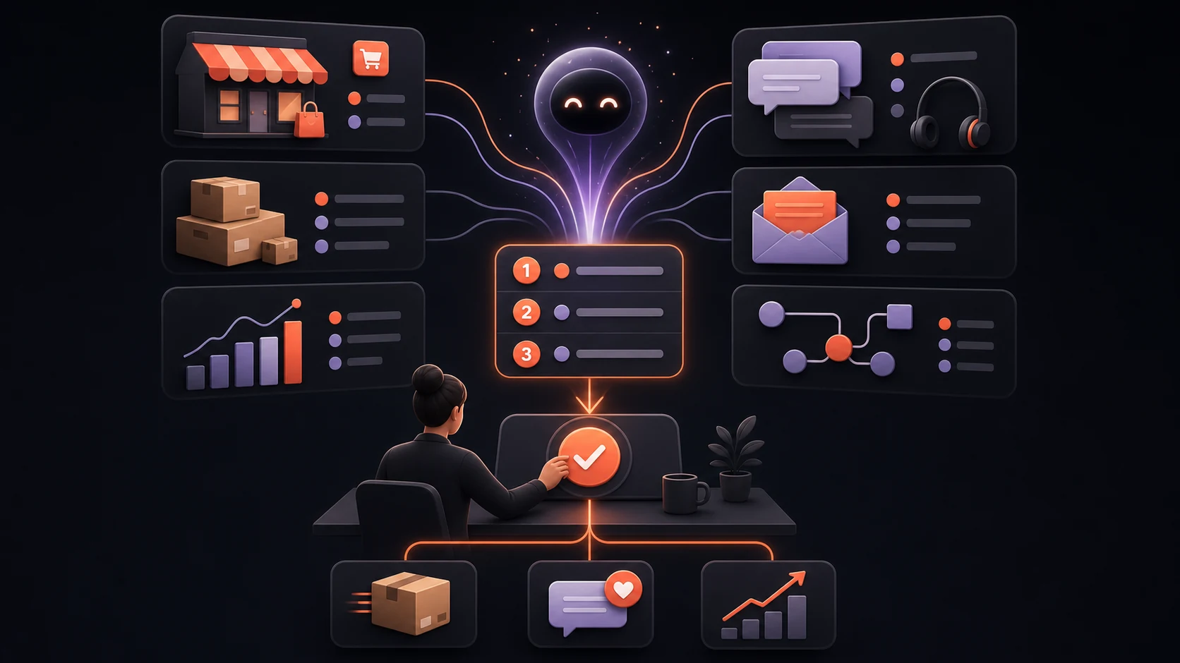 Ecommerce signals from storefront, inventory, support, marketing, analytics, and workflows converging into an AI-ranked queue that a store owner approves before execution